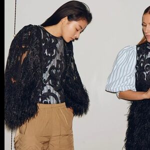 Ganni Feather Balloon Sleeves Layered Organza Striped Poplin Top  EU 44